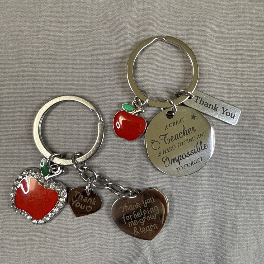 2 Teacher Appreciation Gift Key Chains With Red Apple And Message